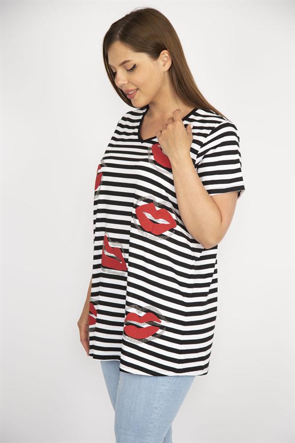 Kadın Siyah Büyük Beden Taş Detaylı V Yakalı Çizgili Bluz