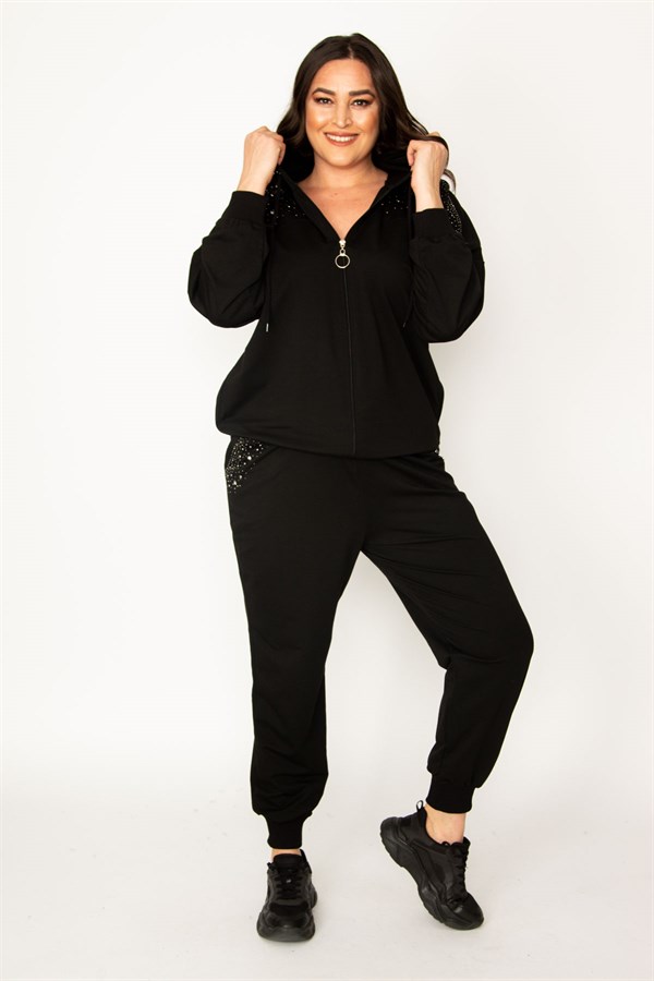 Kadın Siyah İnci Detaylı Kapşonlu Eşofman Takım 65N30435
