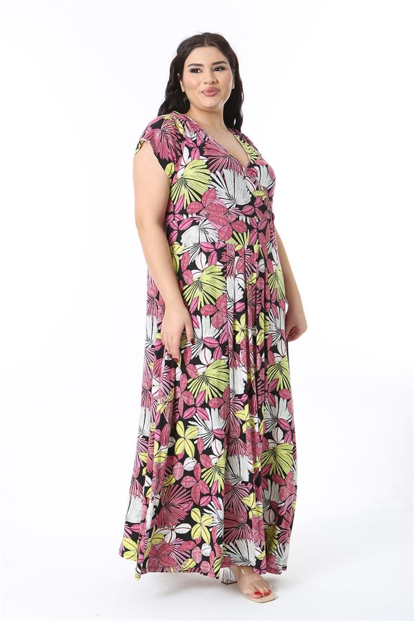 Kadın Büyük Beden Renkli Anvelop Yakalı Uzun Elbise 65N38584