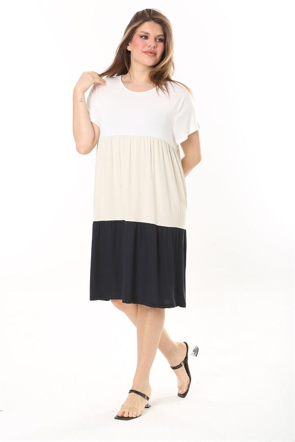 Kadın Büyük Beden Renkli Renk Kombinli Katlı Kısa Kol Elbise 65N37874