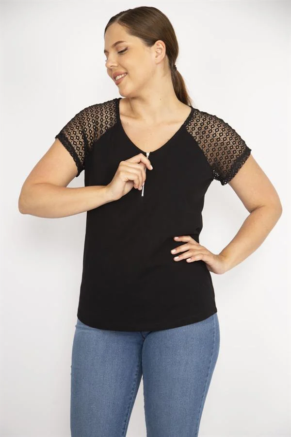 Kadın Beyaz Büyük Beden Pamuklu Kumaş Ön Pat Fermuarlı Kolları Dantel Bluz