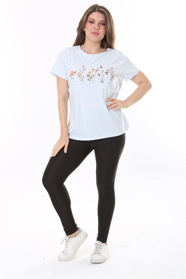 Büyük Beden Bebe Mavisi Pamuk Kumaş Ön Baskılı Kısa Kollu Bluz 65N37807