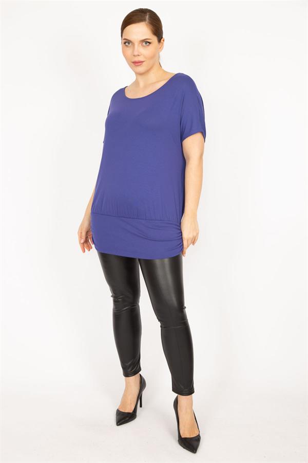 Kadın İndigo Büyük Beden Bisiklet Yakalı Etek Ucu Bantlı Tunik