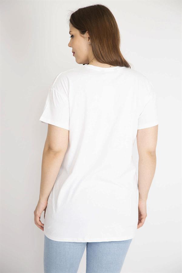 Kadın Beyaz Büyük Beden Önü Flok Bisiklet Yakalı Kısa Kollu Bluz