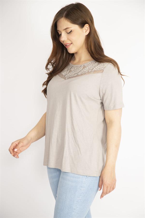 Kadın Vizon Büyük Beden Yakası Dantel Detaylı Kısa Kollu Bluz