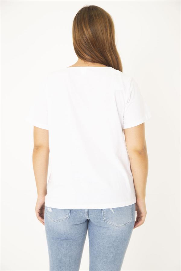 Kadın Büyük Beden Beyaz Pamuk Kumaş Ön Baskılı Bluz 65N36938