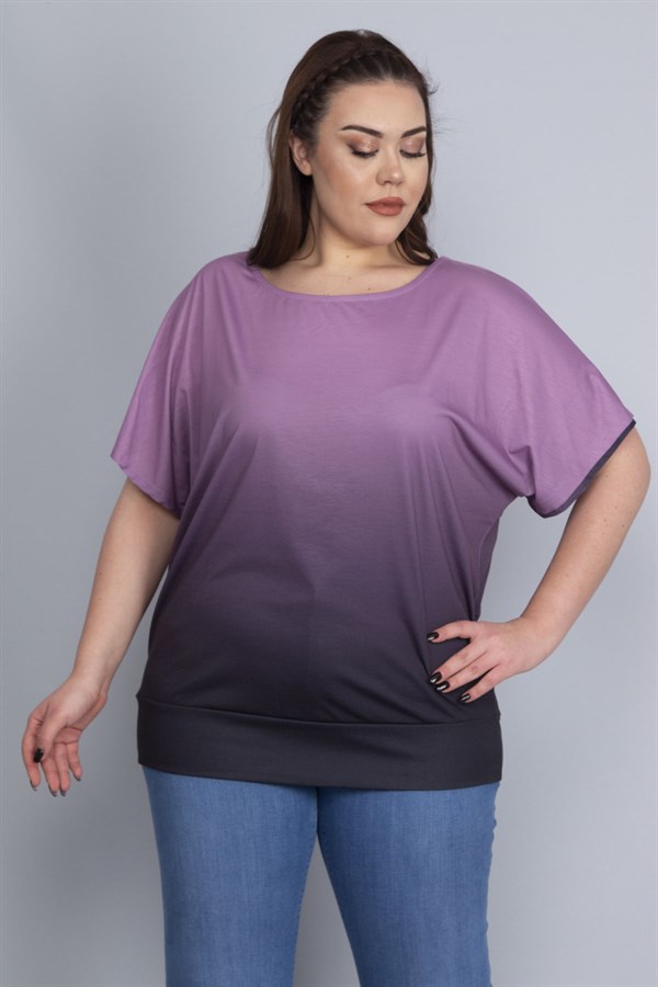 Kadın Lila Batik Desenli Düşük Kol Etek Ucu Bantlı Bluz 65N22754