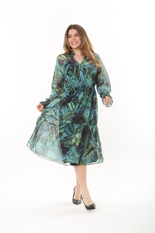 Kadın Büyük Beden Yeşil V Yakalı Etek Ucu Katlı Astarlı Tül Elbise 65N37556