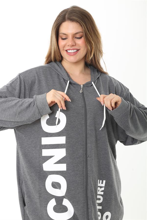 Kadın Büyük Beden Gri Baskı Ve Fermuar Detaylı Kapşonlu Sweatshirt Pantolon Takım 65N37128
