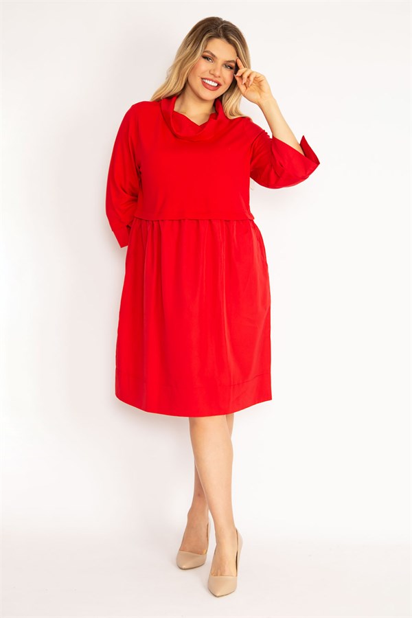 Kadın Kırmızı Dik Yakalı Etek Kısmı Yaka Ve Kol Ağzı Sıvama Kumaş Elbise 65N35038