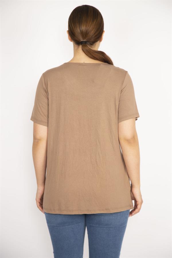 Kadın Camel Büyük Beden Yaka Pileli Ön Cepli Bluz