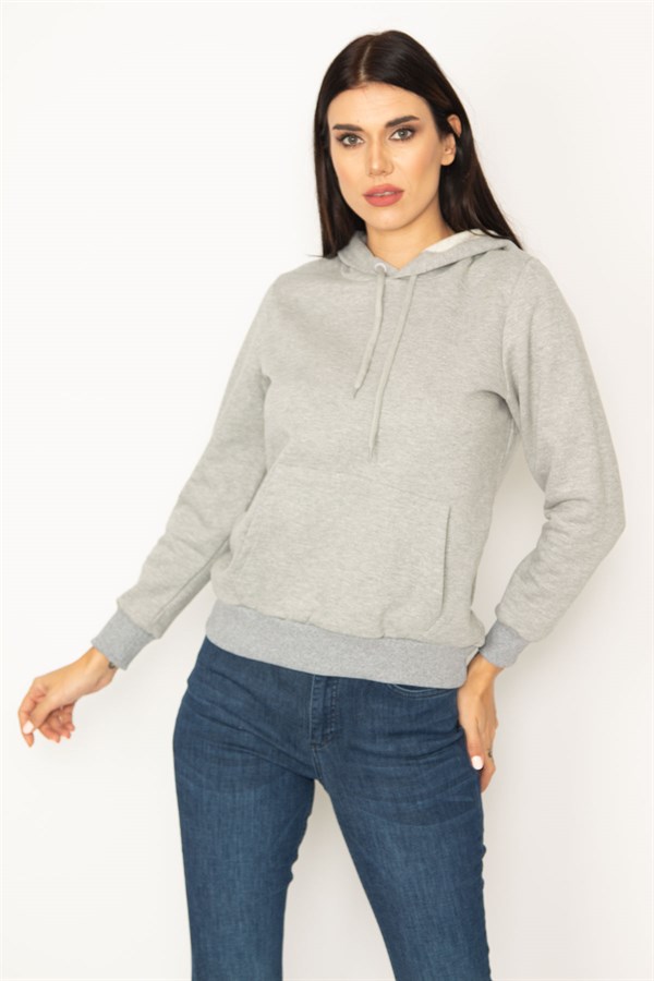 SWEAT-SHIRT À CAPUCHE EN RELIEF GRIS À 3 FILS POUR FEMME