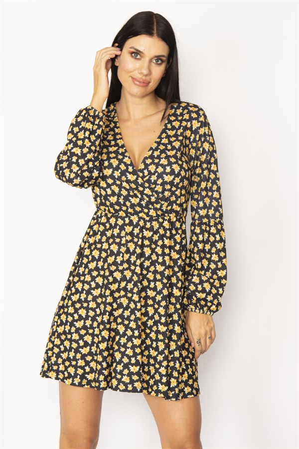 ROBE JAUNE À COL CACHÉ ET MOTIF FLORAL POUR FEMME