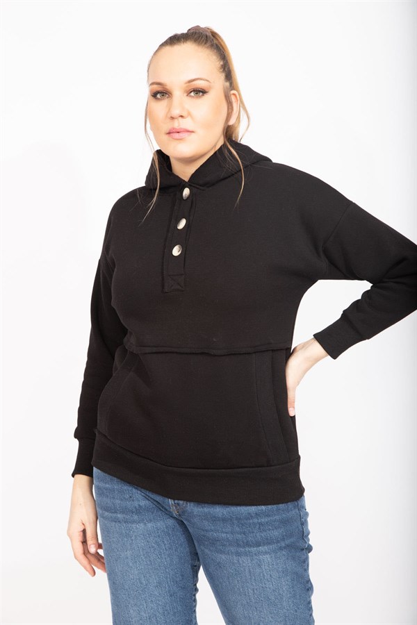 Kadın Siyah İçi Şardonlu 2 İplik Kumaş Ön Pat Düğmeli Kanguru Cep Ve Kapşonlu Sweatshirt 65N35462