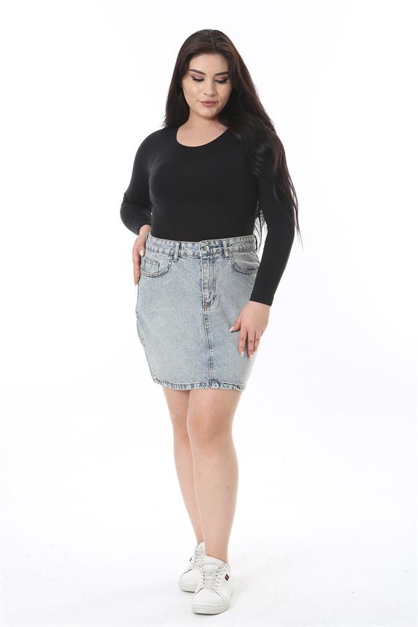 Kadın Büyük Beden Mavi Yıkama Efektli Kot Etek 65N38500
