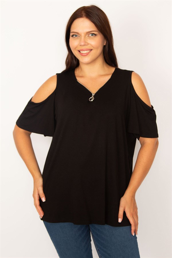 Kadın Siyah Omuz Dekolteli Ön Pat Fermuarlı Rahat Kesim Tunik 65N34206