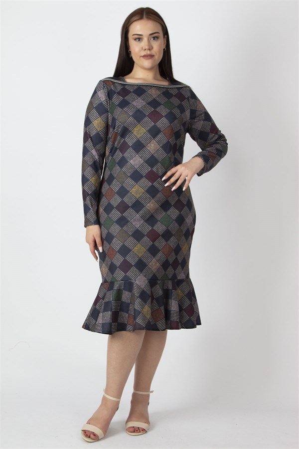 WOMEN'S NAVY BLUE PLAID PATTERNED COLLAR DETAILED DRESS WITH FLOUNCED HEM