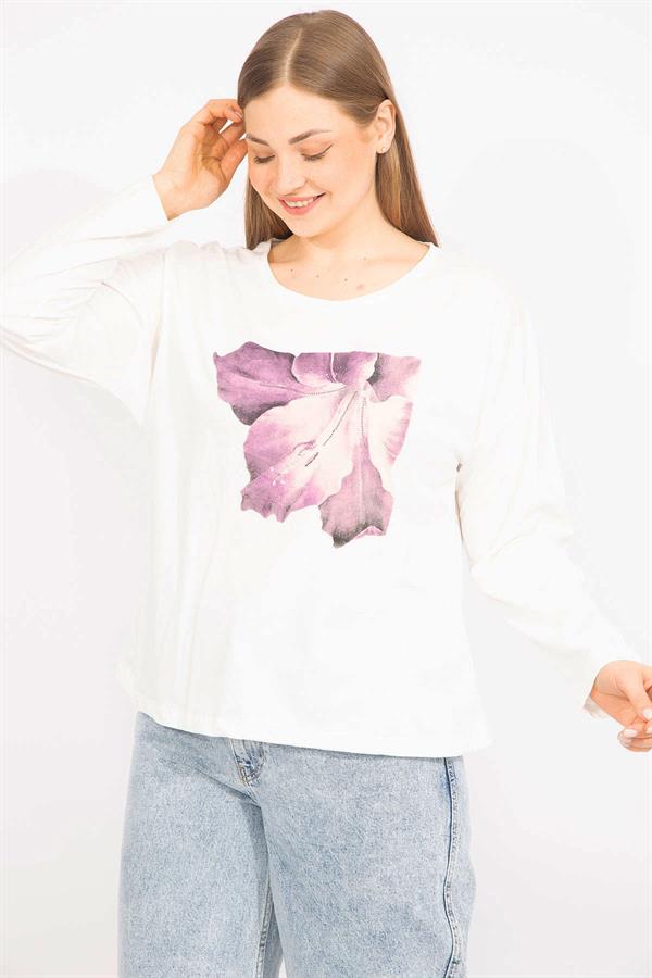 Kadın Kemik Büyük Beden Pamuklu Kumaş Kapri Kol Baskılı Bluz 65N35563