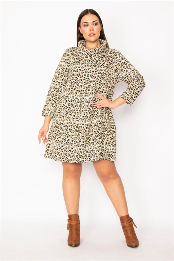 KADIN VİZON YAKA VE ÖN DETAYLI ARKA ORTASI LASTİK BÜZGÜLÜ CEPLİ ELBİSE