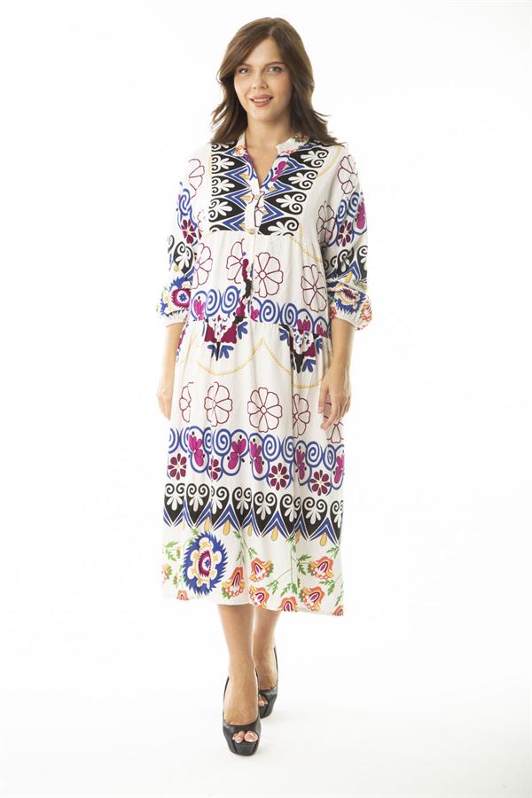 Kadın Büyük Beden Saks Dokuma Viskon Kumaş Ön Yarım Düğmeli Uzun Kollu Elbise 65N36886