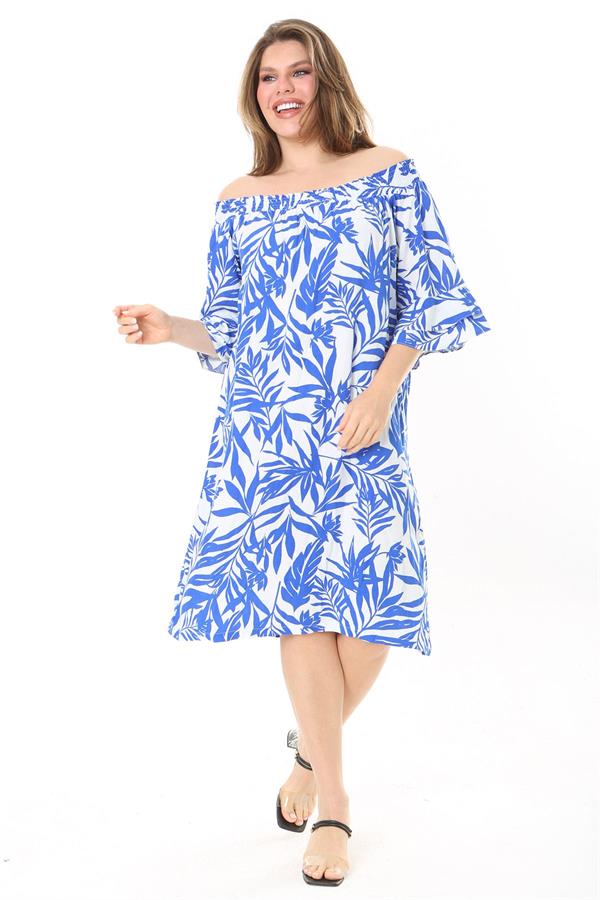 Kadın Mavi Yakası Lastik Detaylı Dokuma Viskon Kumaş Elbise 65N37864