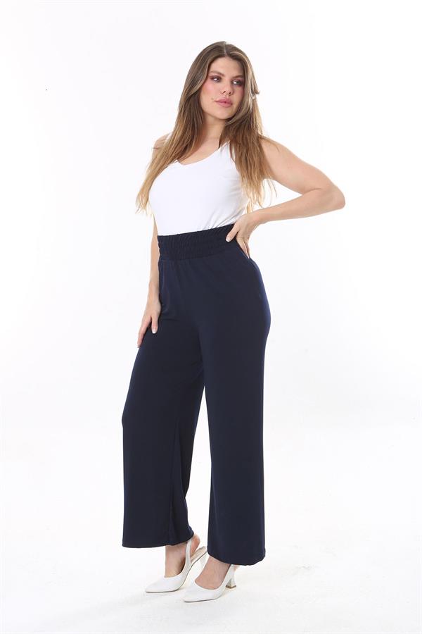 Kadın Büyük Beden Lacivert Beli Geniş Lastikli Likralı Jarse Pantolon 65N37845