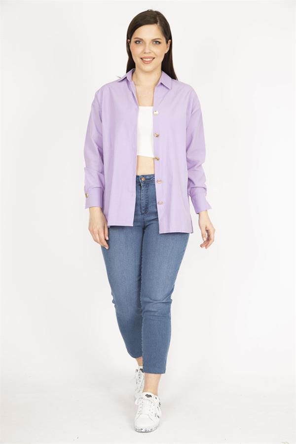 Kadın Lila Büyük Beden Metal Düğmeli Manşetli Gömlek