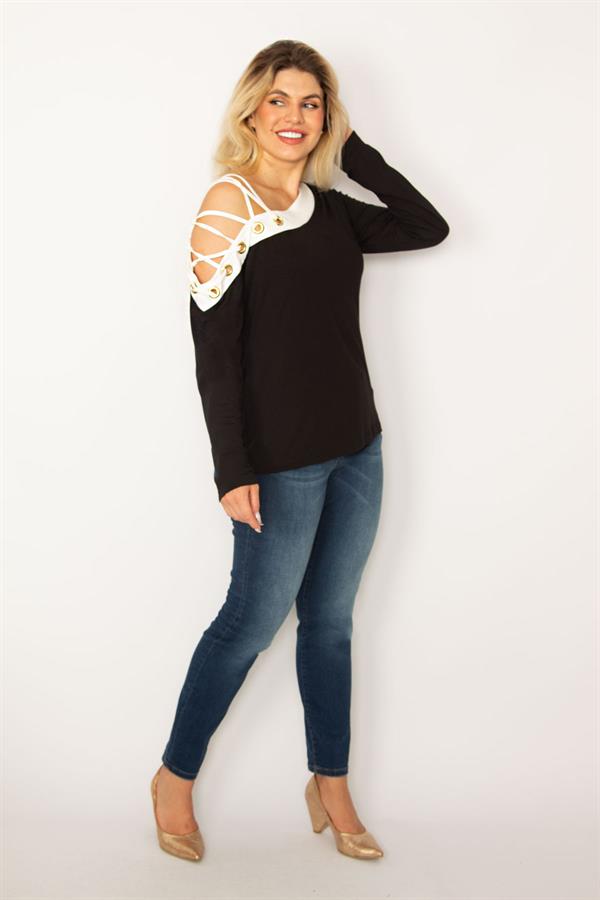 BLOUSE BICOLORE NOIRE POUR FEMME AVEC DÉTAILS ŒILLETS