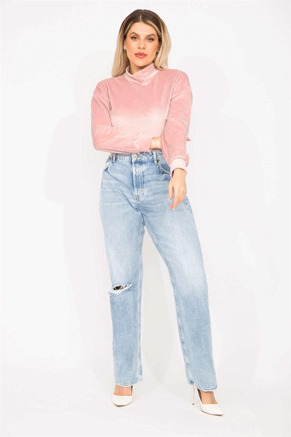 Kadın Büyük Beden Mavi Yıkama Efektli Yırtık Detaylı Yüksek Bel Kot Pantolon 65N37274