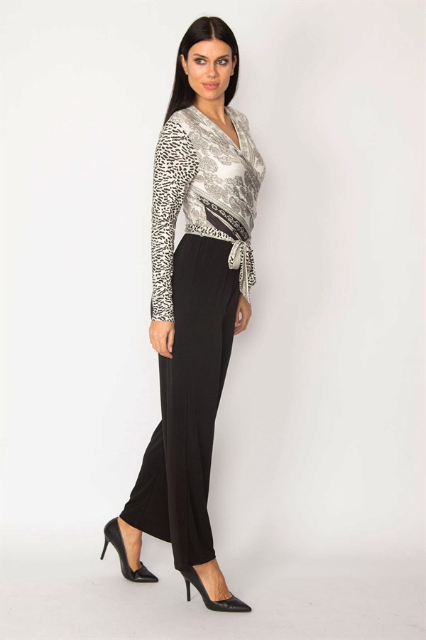 KADIN SİYAH ÜST KISMI ŞAL DESENLİ ANVELOP YAKA TULUM