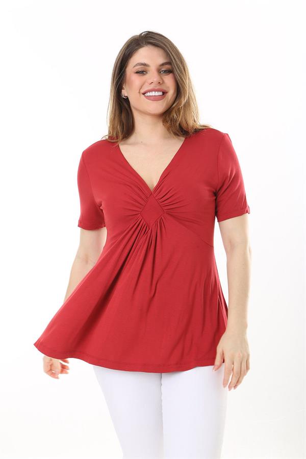Kadın Büyük Beden Bordo Göğüs Büzgü Detaylı V Yakalı Kısa Kollu Bluz 65N37581