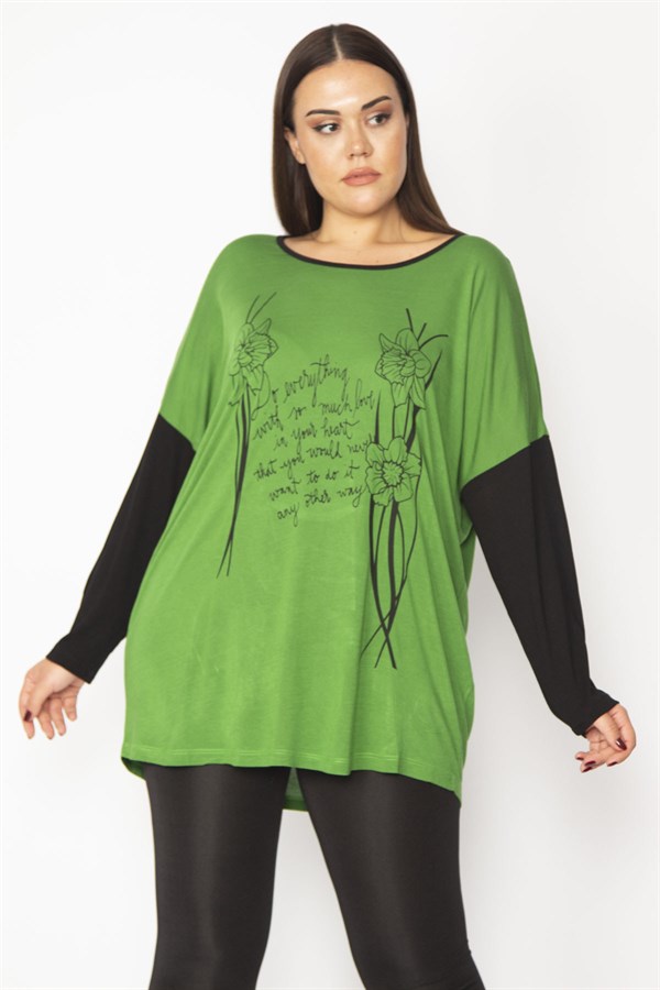 Kadın Yeşil Ön Baskılı İki Renkli Tunik 65N29492