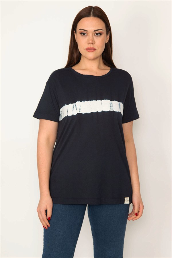 KADIN LACİVERT BİSİKLET YAKALI BASKILI BLUZ