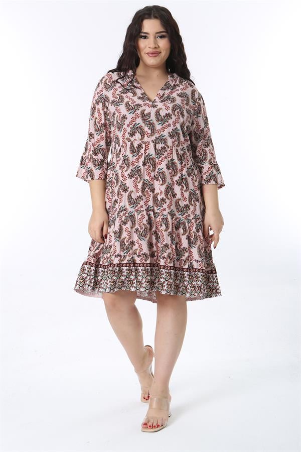 Kadın Büyük Beden Renkli V Yakalı Katlı Elbise 65N38583