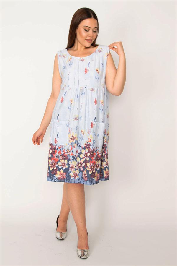 Kadın Mavi Büyük Beden Cepli Tunik Elbise 65N35598