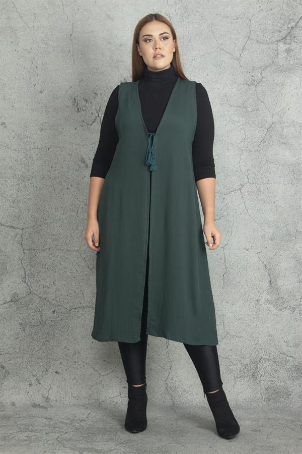 Kadın Gri Önü Bağcık Detaylı Astarsız Uzun Yelek 65N19823