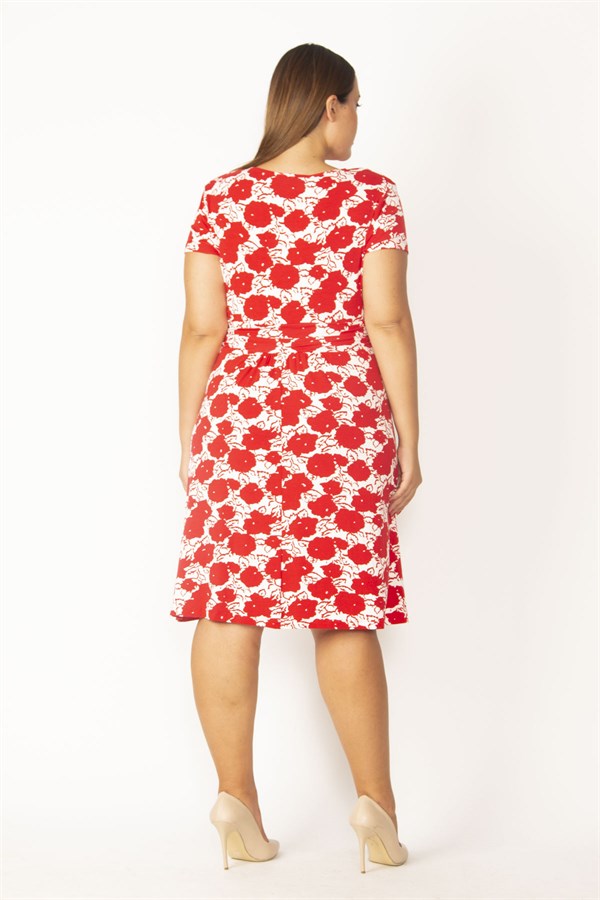 WOMEN'S RED WRAPPED COLLAR FLORAL PATTERNED VISCOSE DRESS