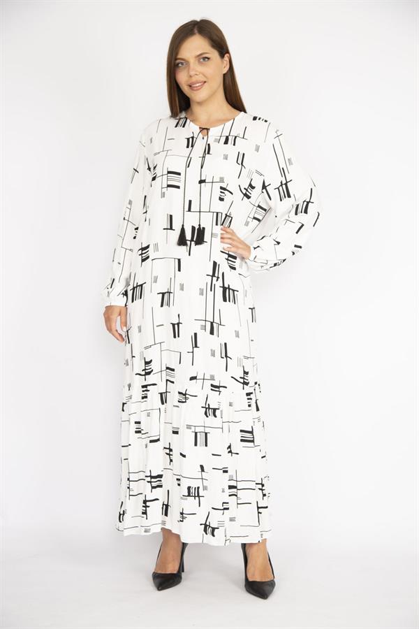 Kadın Beyaz Büyük Beden Dokuma Viskon Kumaş Etek Ucu Katlı Uzun Kollu Elbise