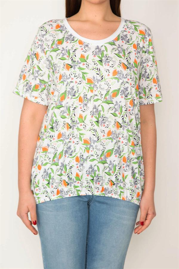 KADIN KEMİK PAMUKLU KUMAŞ BİSİKLET YAKALI ETEK UCU LASTİKLİ ÇİÇEK DESENLİ BLUZ