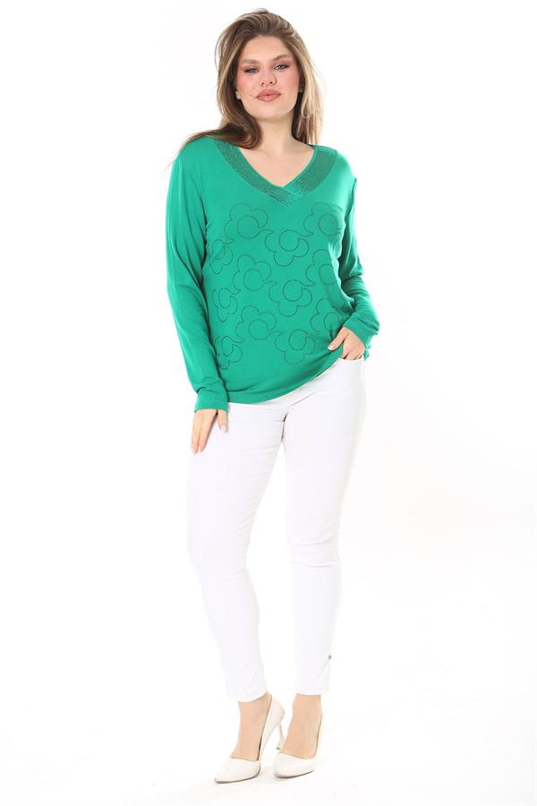 Kadın Büyük Beden Saks V Yakalı Taş Detaylı Uzun Kollu Bluz 65N37153