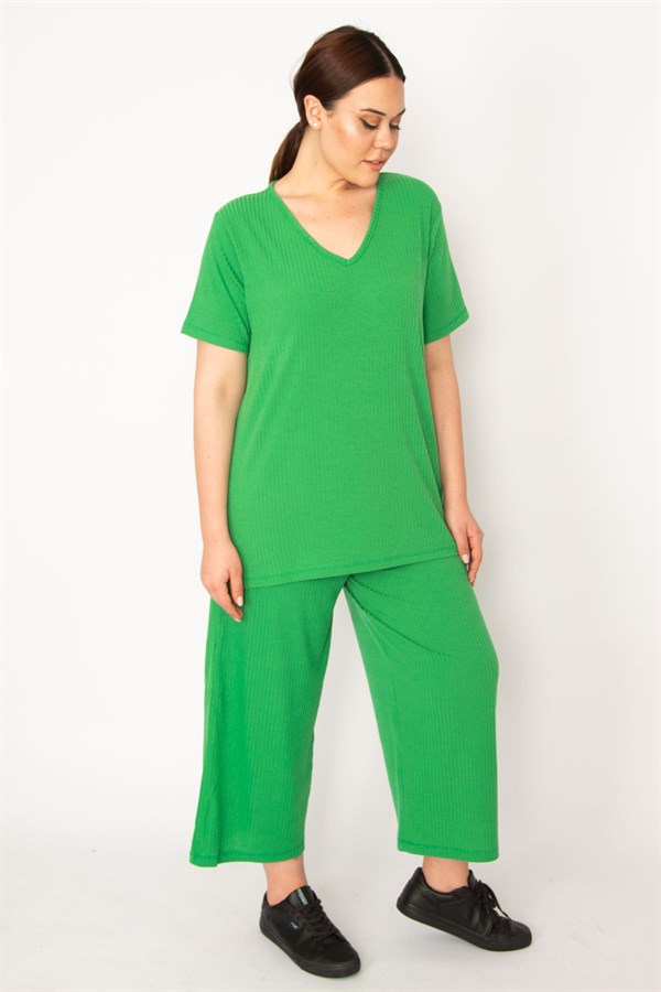 Kadın Fujya Kaşkorse Örme Beli Lastikli Geniş Paçalı Pantolon V Yakalı Bluz Takım 65N32939