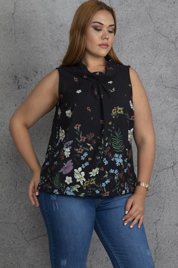 Kadın Siyah Yaka Detaylı Etek Ucu Lastik Detaylı Kolsuz Çiçek Desenli Bluz