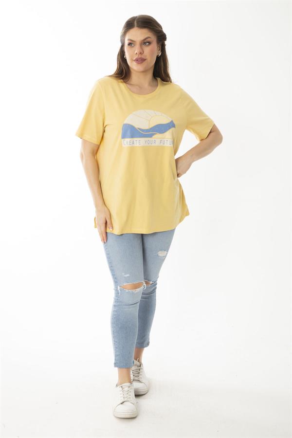 Kadın Büyük Beden Sarı Pamuklu Kumaş Ön Baskılı Bluz 65N37097