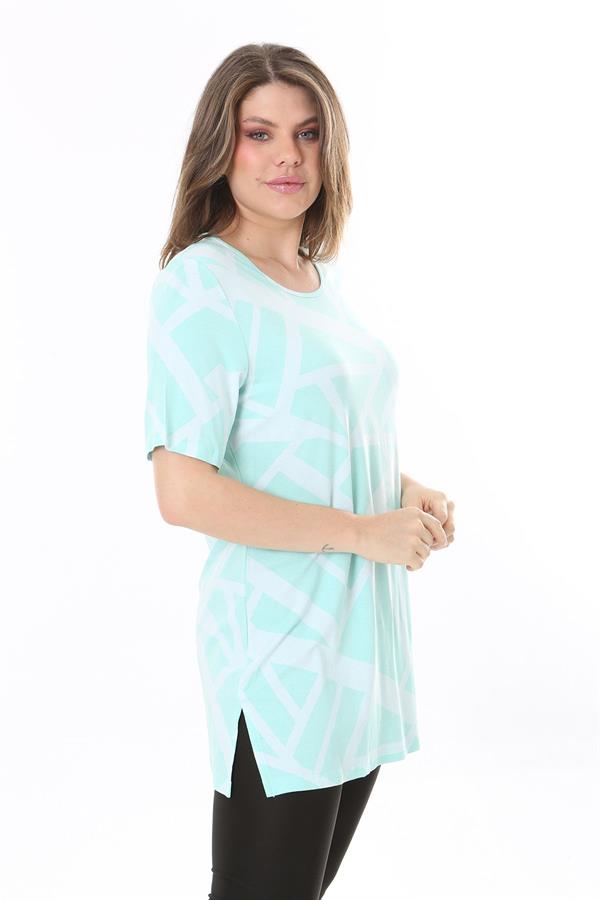 Kadın Büyük Beden Yeşil Bisiklet Yakalı Kısa Kollu Çizgili Tunik 65N37851