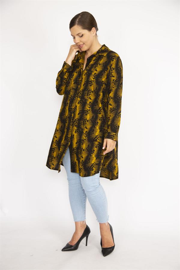 Kadın Büyük Beden Hardal Ön Düğmeli Uzun Kollu Gömlek