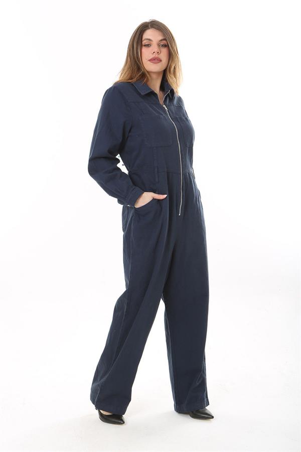 Kadın Büyük Beden Lacivert Ön Fermuarlı 4 Cepli Arka Bel Kemeri Lastikli Kot Tulum 65N37573