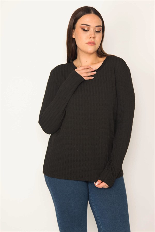 KADIN SİYAH BİSİKLET YAKA KENDİNDEN KABARTMA DESENLİ BLUZ