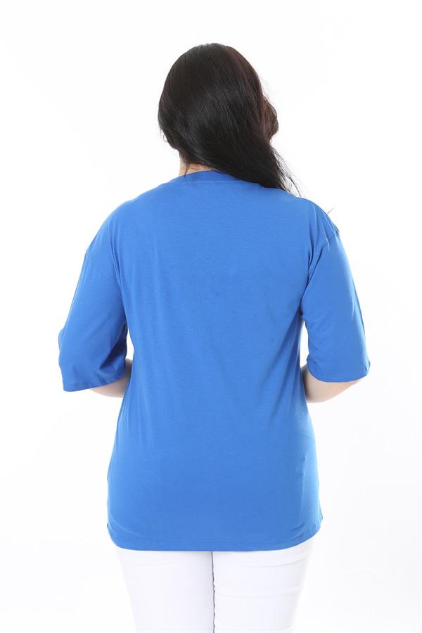 Kadın Büyük Beden Saks Pamuk Kumaş Ön Baskılı Kısa Kollu Bluz 65N38008