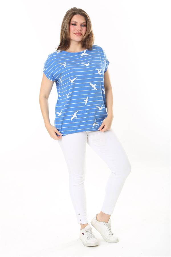 Kadın Büyük Beden Mavi Pamuk Kumaş Etek Ucu Lastikli Düşük Kollu Bluz 65N37896