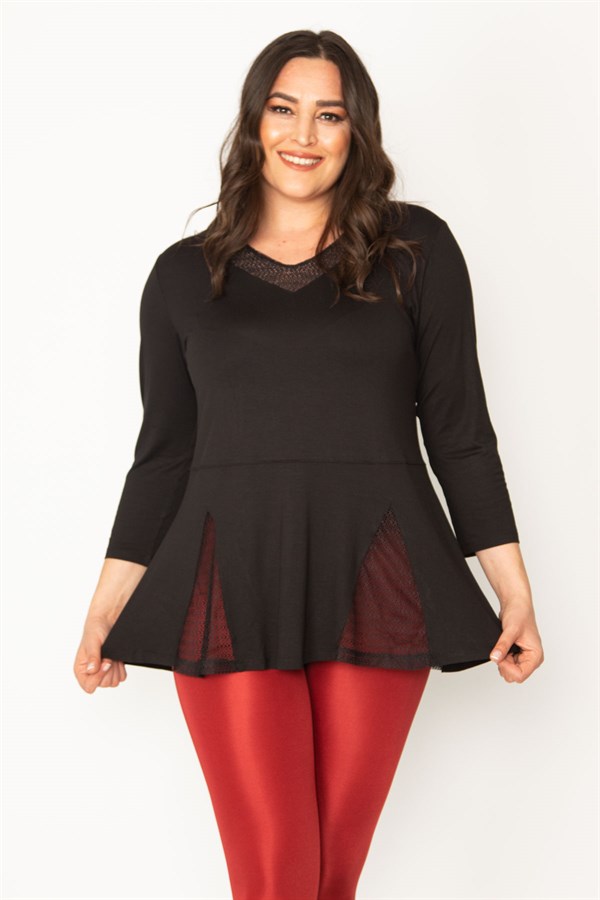 Kadın Siyah Yaka Ve Etek Ucu Dantel Detaylı Viskon Bluz 65N30460